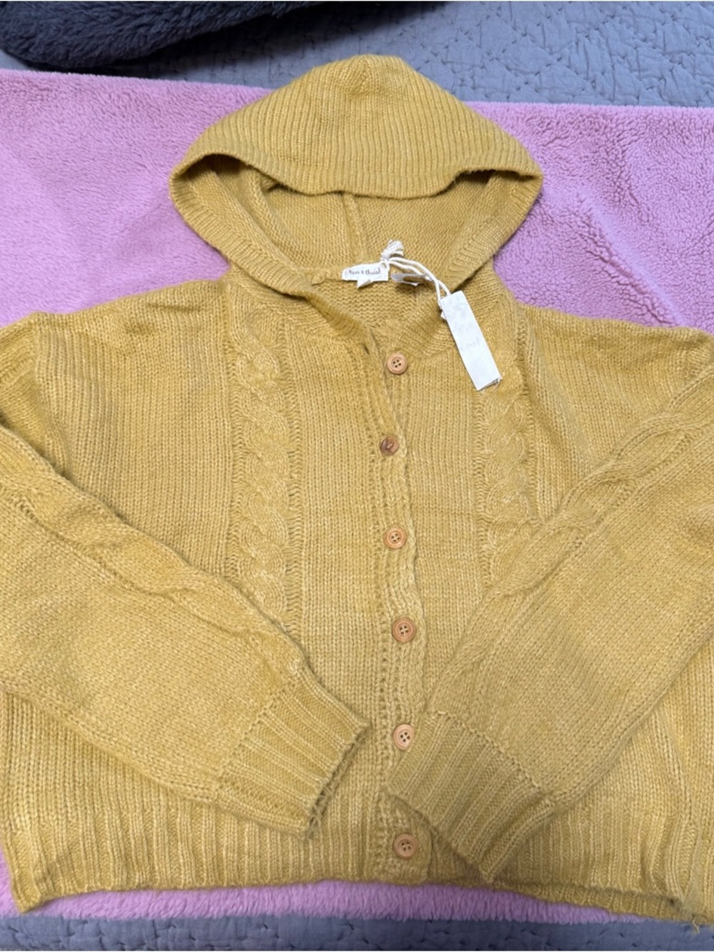 Hem & Thread Mustard Cropped Boxy Hooded Cable Knit Button Cardigan